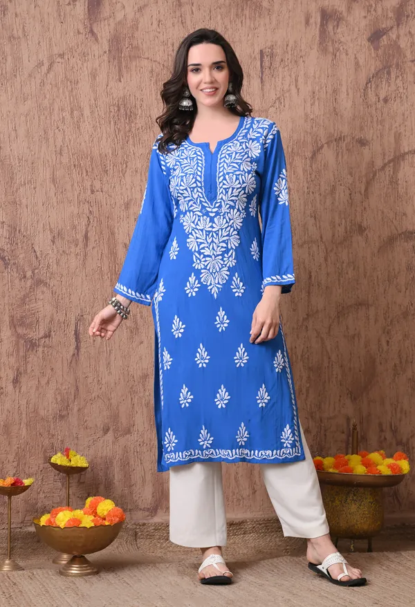 Women_Blue_Hand_Embroidered_Chikankari_Rayon_Straight_Kurta