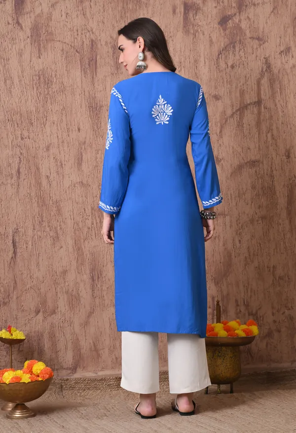 Women_Blue_Hand_Embroidered_Chikankari_Rayon_Straight_Kurta