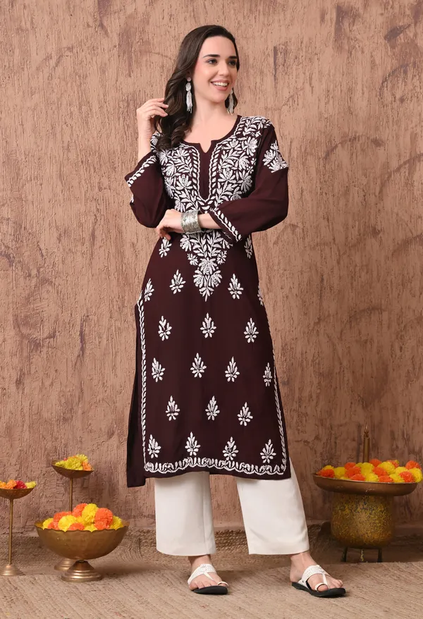 Women_Brown_Hand_Embroidered_Chikankari_Rayon_Straight_Kurta