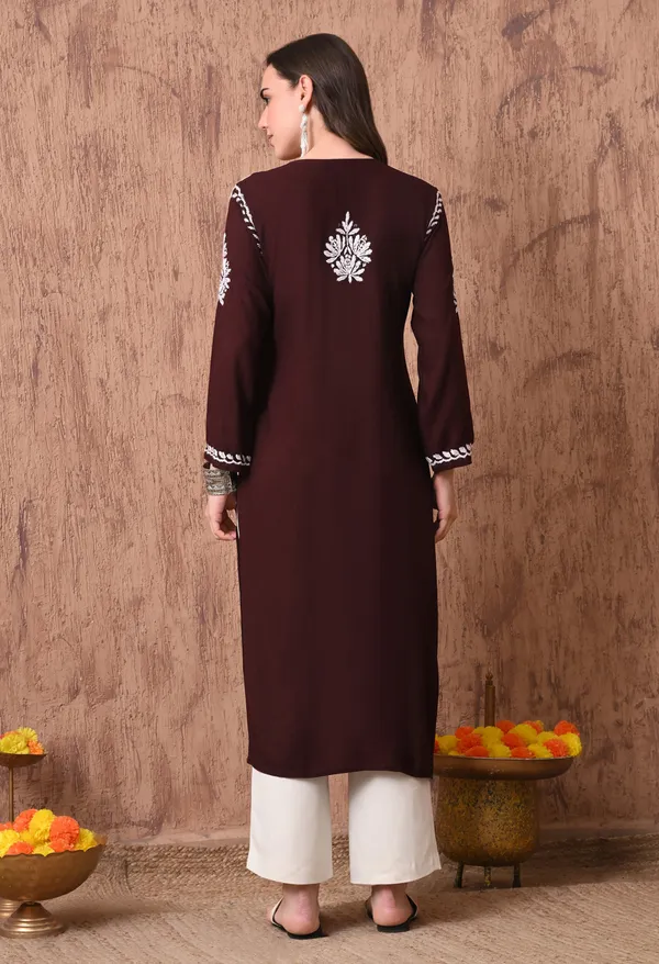 Women_Brown_Hand_Embroidered_Chikankari_Rayon_Straight_Kurta