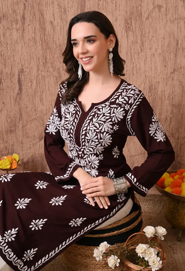 Women_Brown_Hand_Embroidered_Chikankari_Rayon_Straight_Kurta