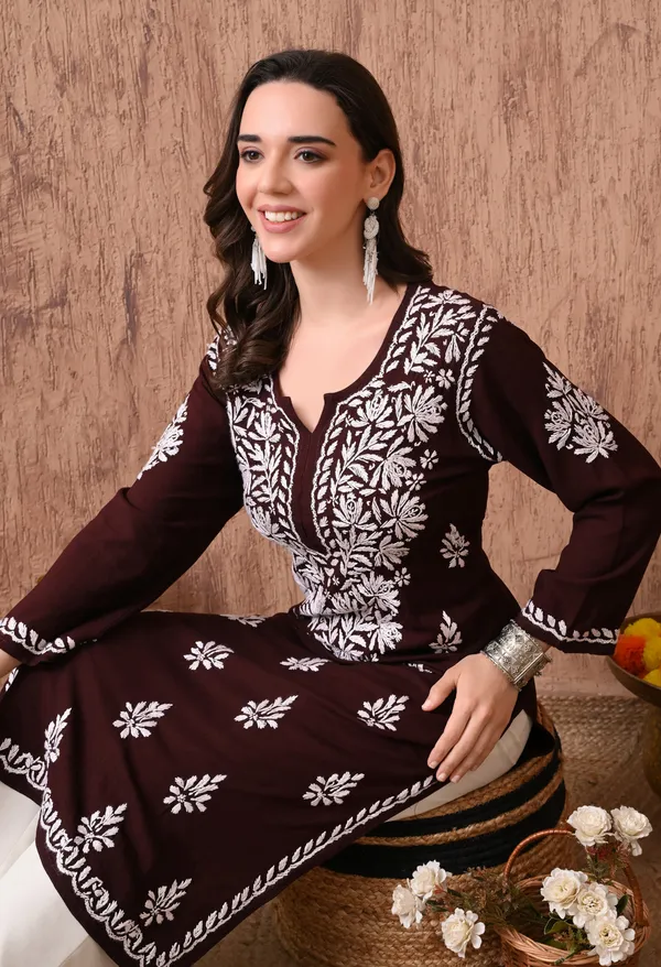 Women_Brown_Hand_Embroidered_Chikankari_Rayon_Straight_Kurta