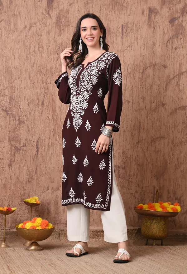Women_Brown_Hand_Embroidered_Chikankari_Rayon_Straight_Kurta
