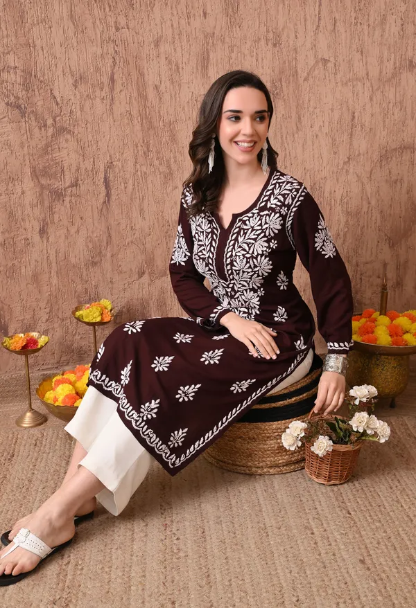 Women_Brown_Hand_Embroidered_Chikankari_Rayon_Straight_Kurta