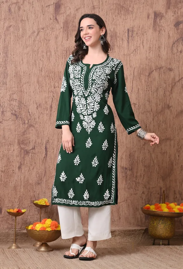 Women_Green_Hand_Embroidered_Chikankari_Rayon_Straight_Kurta