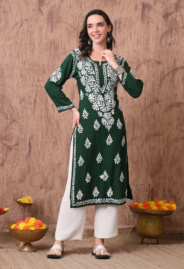 Women_Green_Hand_Embroidered_Chikankari_Rayon_Straight_Kurta