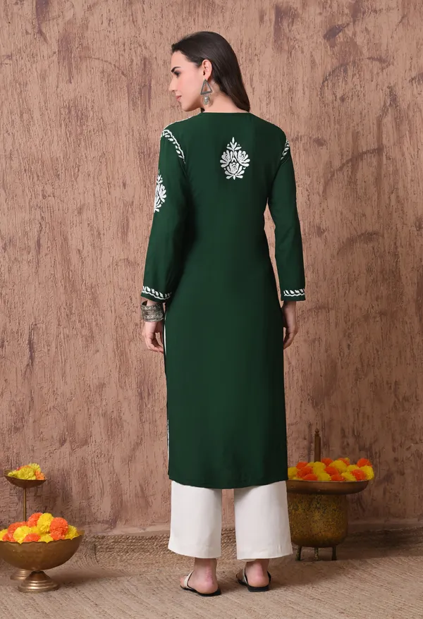 Women_Green_Hand_Embroidered_Chikankari_Rayon_Straight_Kurta