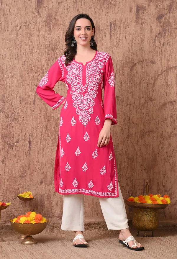 Women_Pink_Hand_Embroidered_Chikankari_Rayon_Straight_Kurta