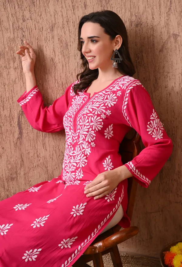 Women_Pink_Hand_Embroidered_Chikankari_Rayon_Straight_Kurta