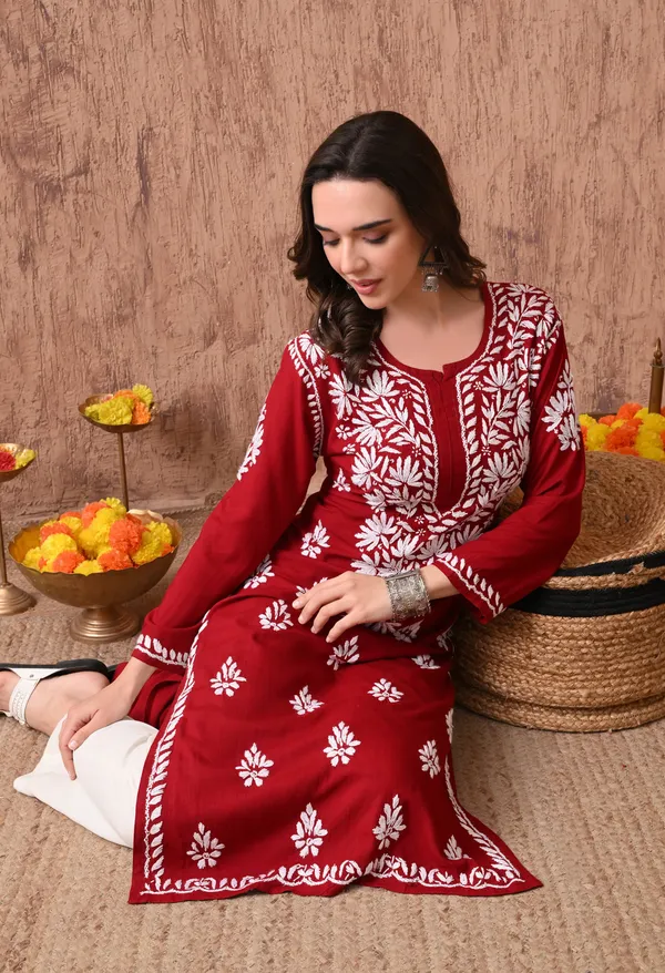 Women_Maroon_Hand_Embroidered_Chikankari_Rayon_Straight_Kurta