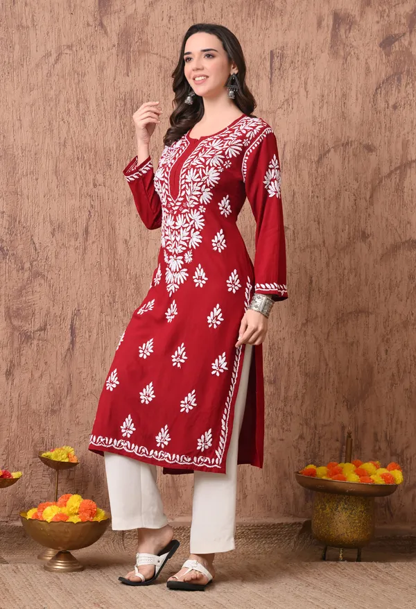 Women_Maroon_Hand_Embroidered_Chikankari_Rayon_Straight_Kurta