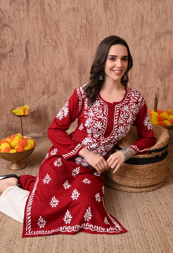 Women_Maroon_Hand_Embroidered_Chikankari_Rayon_Straight_Kurta