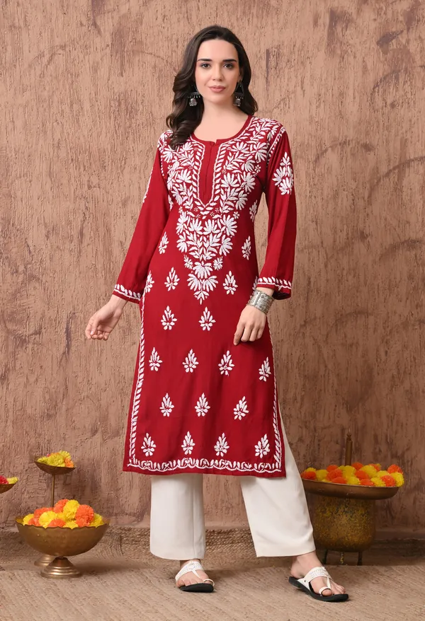 Women_Maroon_Hand_Embroidered_Chikankari_Rayon_Straight_Kurta