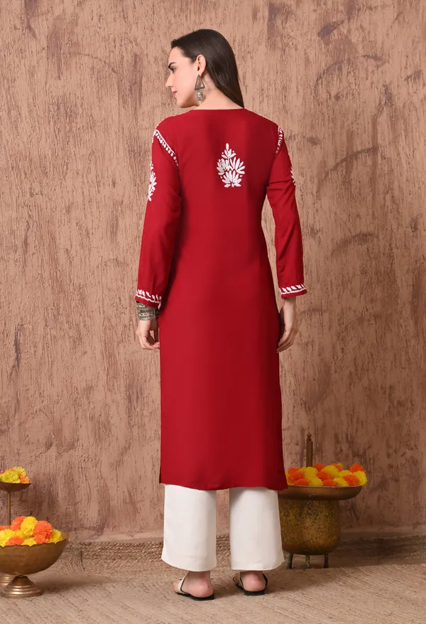 Women_Maroon_Hand_Embroidered_Chikankari_Rayon_Straight_Kurta