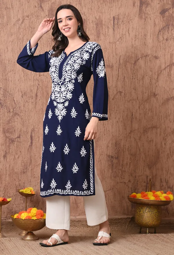 Women_Navy_Blue_Hand_Embroidered_Chikankari_Rayon_Straight_Kurta