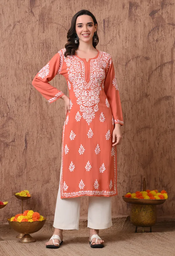 Women_Peach_Hand_Embroidered_Chikankari_Rayon_Straight_Kurta