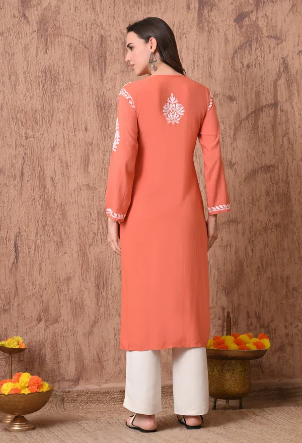 Women_Peach_Hand_Embroidered_Chikankari_Rayon_Straight_Kurta
