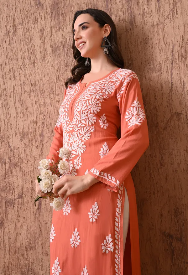Women_Peach_Hand_Embroidered_Chikankari_Rayon_Straight_Kurta
