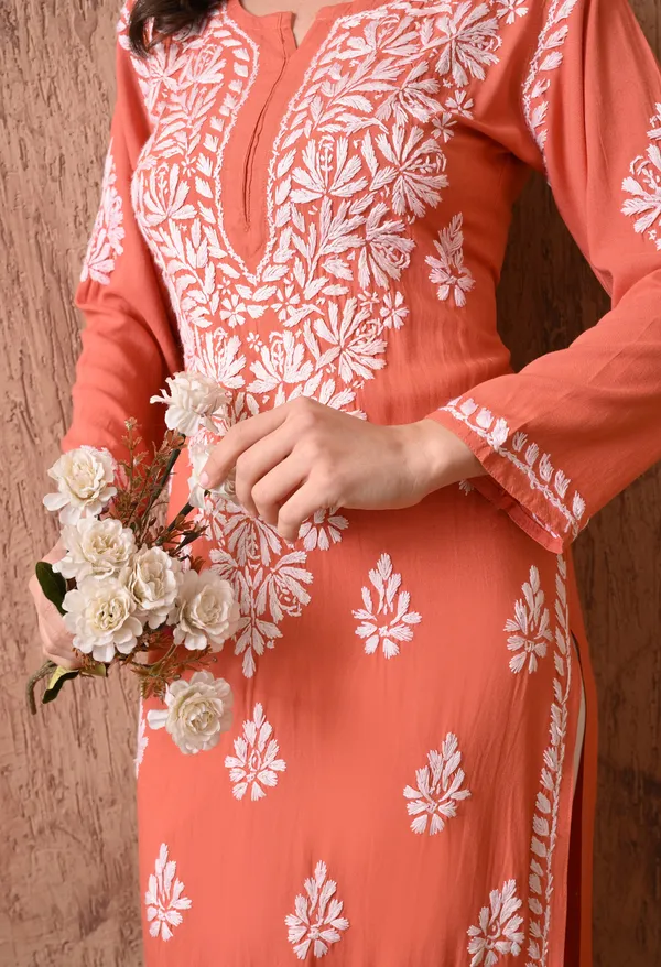 Women_Peach_Hand_Embroidered_Chikankari_Rayon_Straight_Kurta