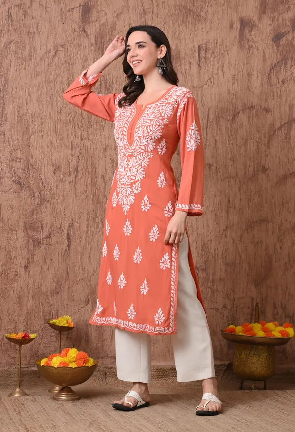 Women_Peach_Hand_Embroidered_Chikankari_Rayon_Straight_Kurta