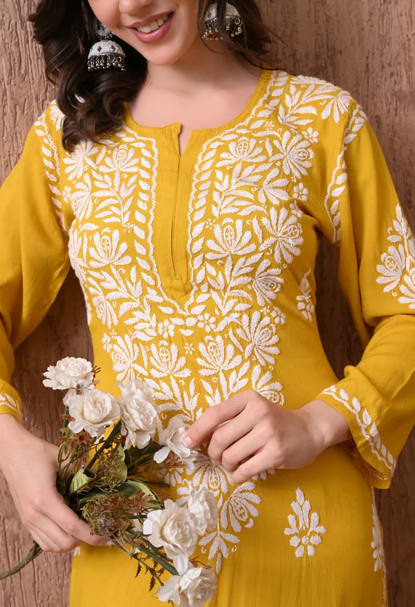 Women_Yellow_Hand_Embroidered_Chikankari_Rayon_Straight_Kurta