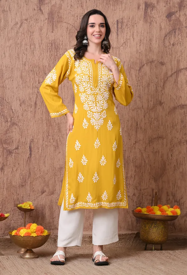 Women_Yellow_Hand_Embroidered_Chikankari_Rayon_Straight_Kurta