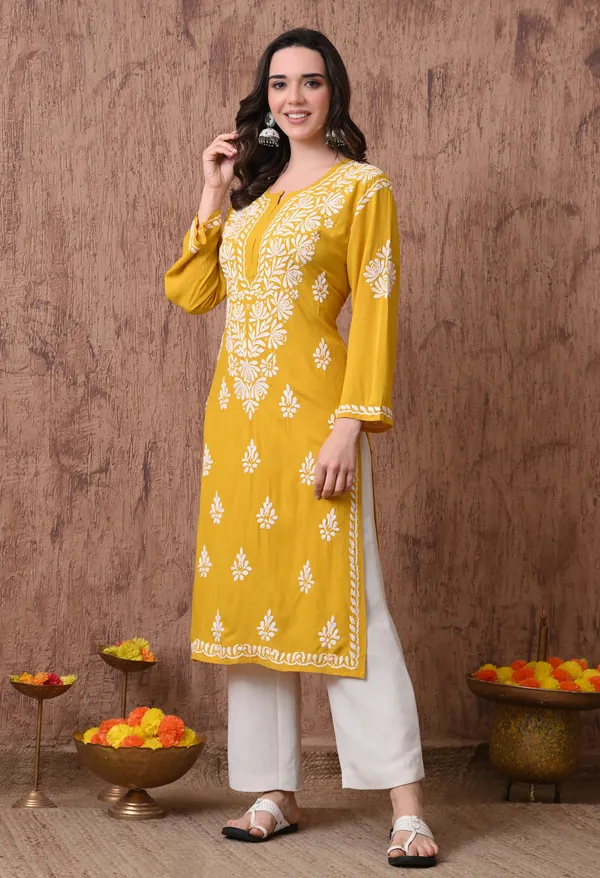Women_Yellow_Hand_Embroidered_Chikankari_Rayon_Straight_Kurta