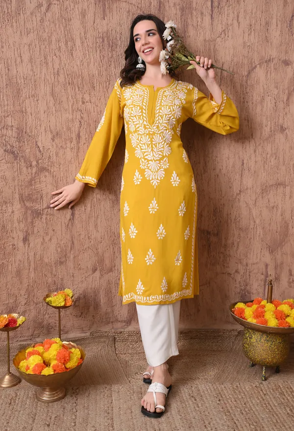 Women_Yellow_Hand_Embroidered_Chikankari_Rayon_Straight_Kurta