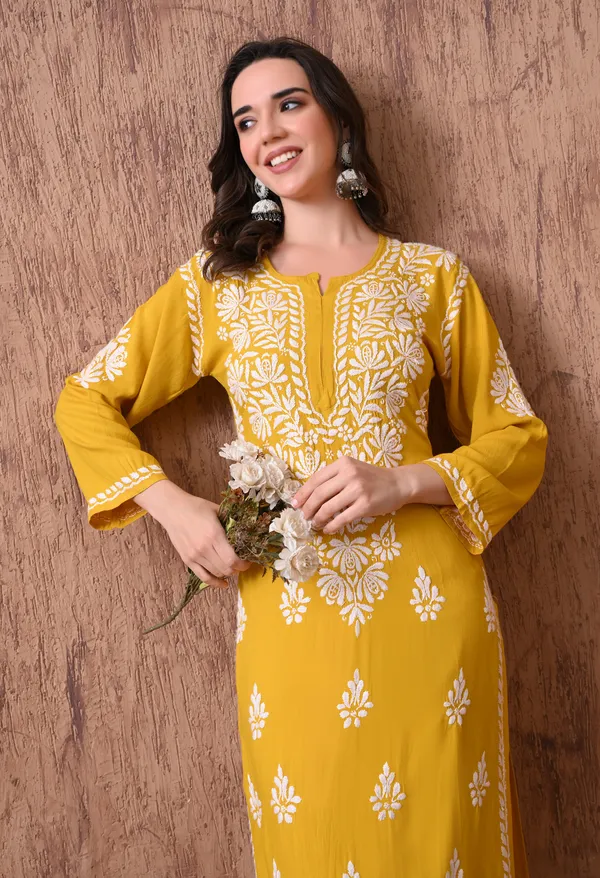 Women_Yellow_Hand_Embroidered_Chikankari_Rayon_Straight_Kurta