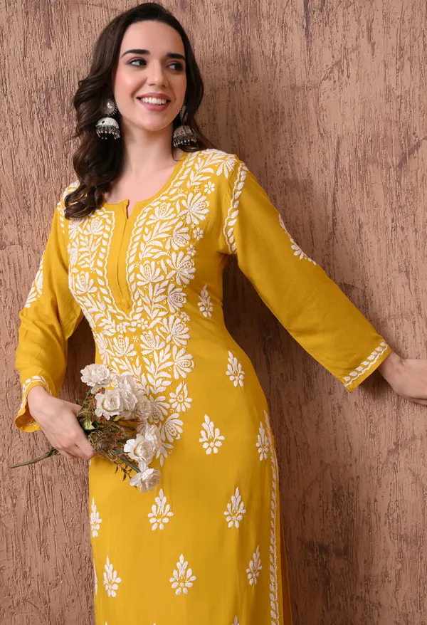 Women_Yellow_Hand_Embroidered_Chikankari_Rayon_Straight_Kurta