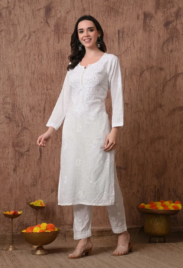 White_Hand_Embroidered_Chikankari_Linen_Cotton_Kurtai