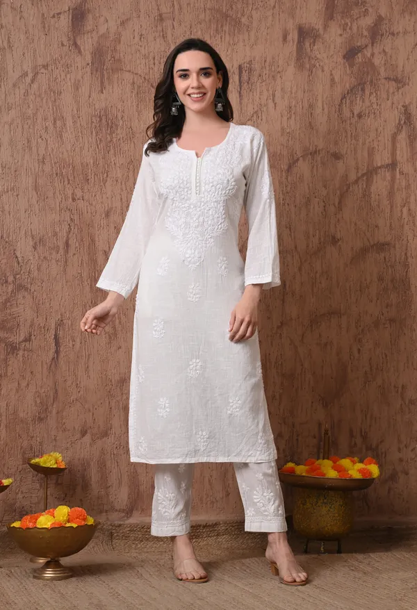 White_Hand_Embroidered_Chikankari_Linen_Cotton_Kurtai