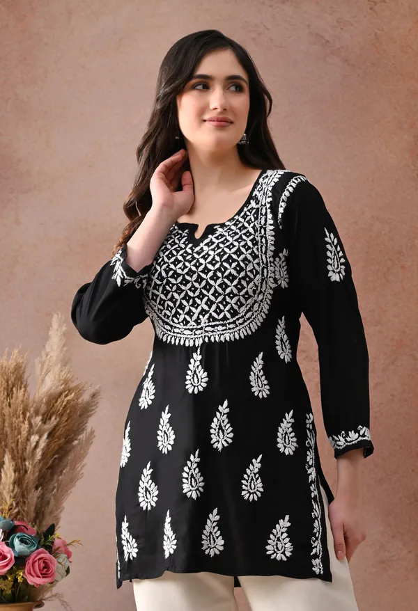 Black_Hand-Embroidered_Chikankari_Rayon_Short_Kurta