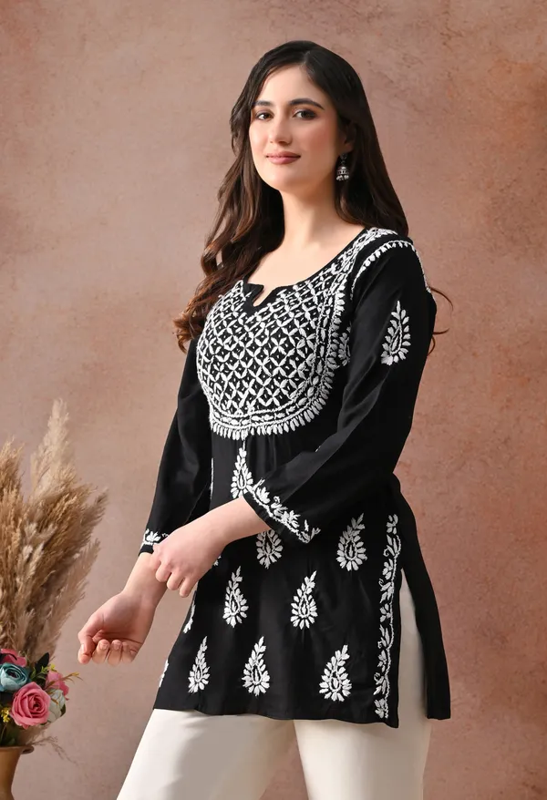 Black_Hand-Embroidered_Chikankari_Rayon_Short_Kurta