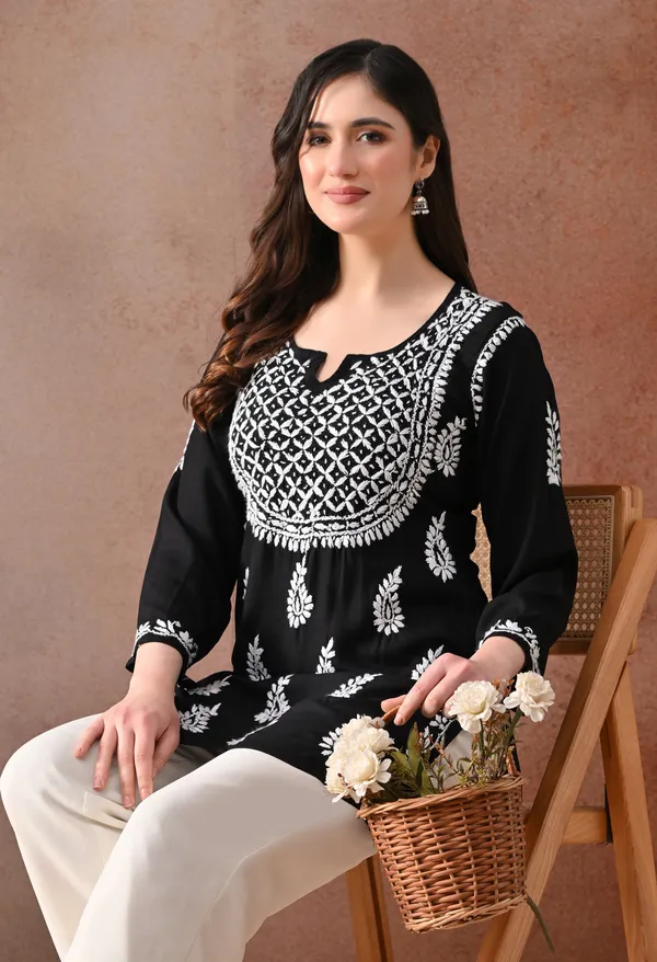 Black_Hand-Embroidered_Chikankari_Rayon_Short_Kurta
