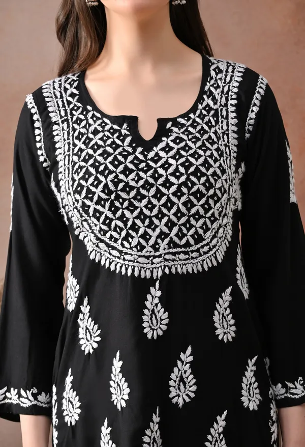 Black_Hand-Embroidered_Chikankari_Rayon_Short_Kurta