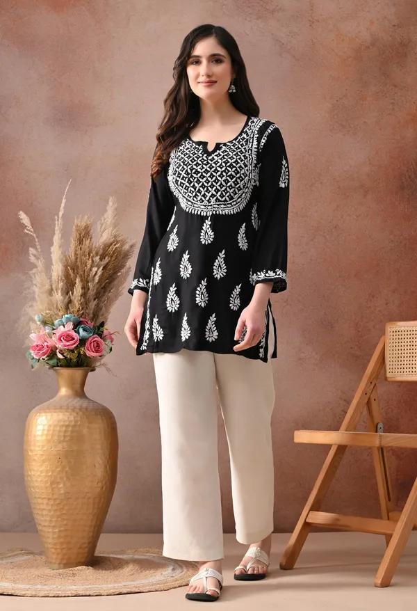 Black_Hand-Embroidered_Chikankari_Rayon_Short_Kurta