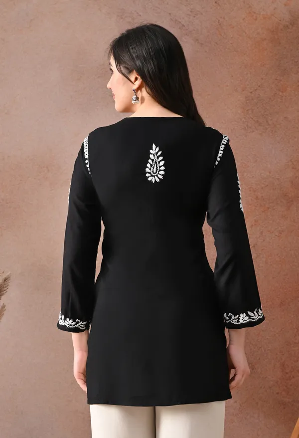 Black_Hand-Embroidered_Chikankari_Rayon_Short_Kurta