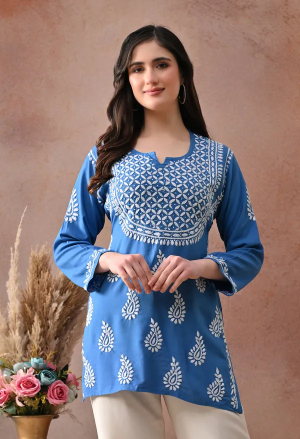 Blue_Hand-Embroidered_Chikankari_Rayon_Short_Kurta