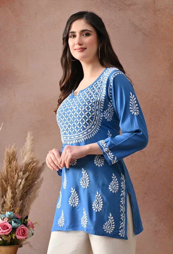 Blue_Hand-Embroidered_Chikankari_Rayon_Short_Kurta
