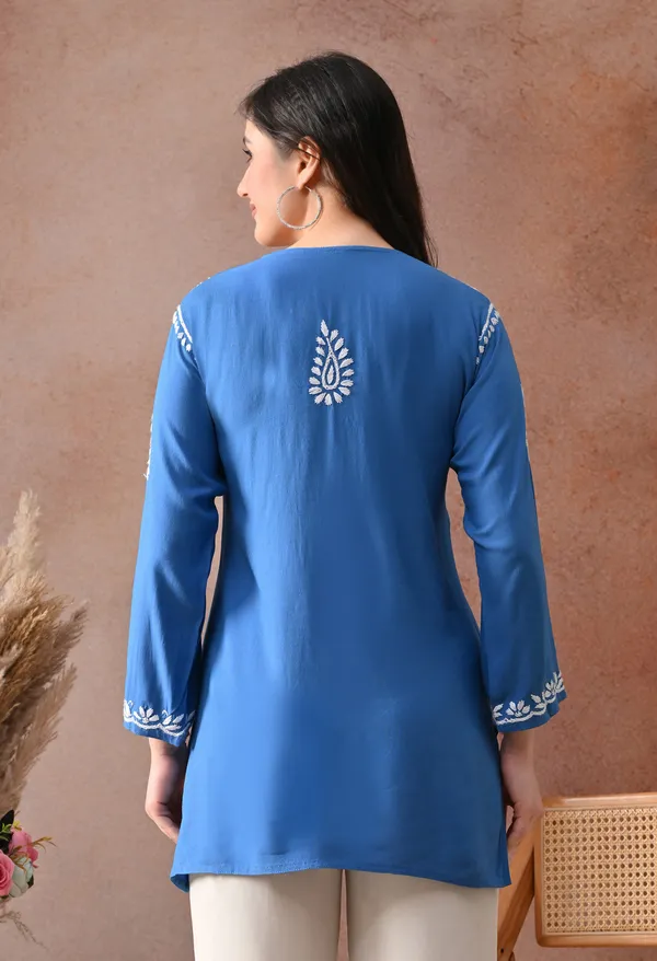 Blue_Hand-Embroidered_Chikankari_Rayon_Short_Kurta