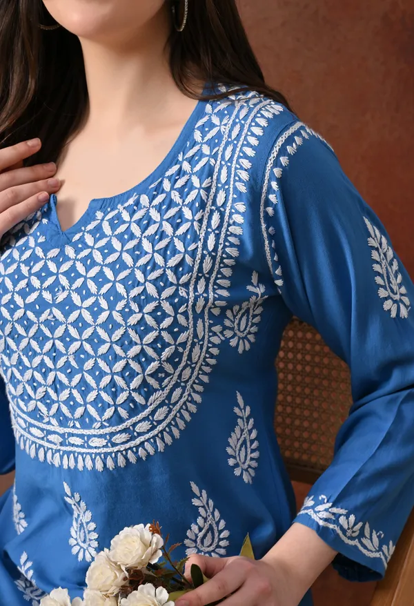Blue_Hand-Embroidered_Chikankari_Rayon_Short_Kurta