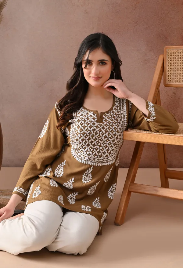 Brown_Hand-Embroidered_Chikankari_Rayon_Short_Kurta