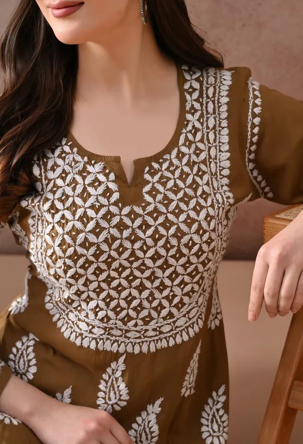 Brown_Hand-Embroidered_Chikankari_Rayon_Short_Kurta