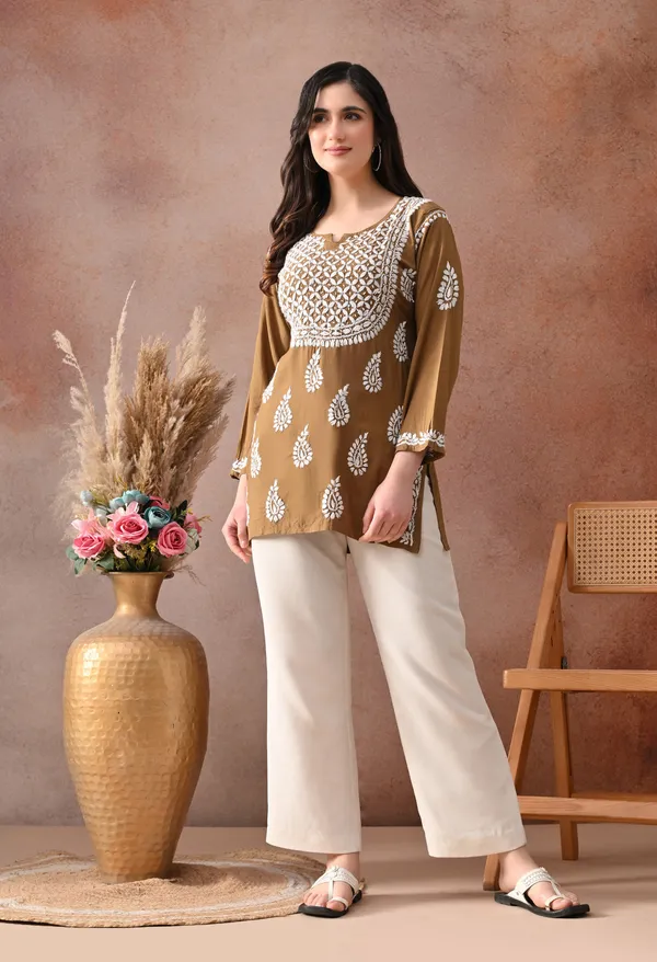Brown_Hand-Embroidered_Chikankari_Rayon_Short_Kurta