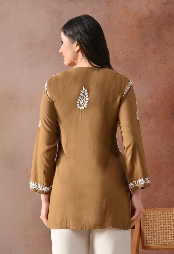 Brown_Hand-Embroidered_Chikankari_Rayon_Short_Kurta