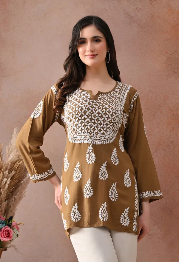 Brown_Hand-Embroidered_Chikankari_Rayon_Short_Kurta