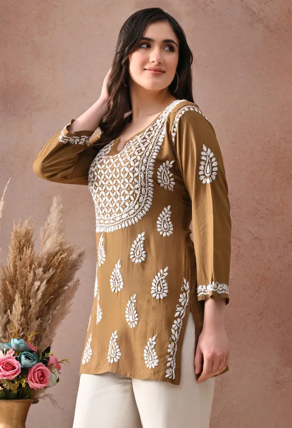 Brown_Hand-Embroidered_Chikankari_Rayon_Short_Kurta