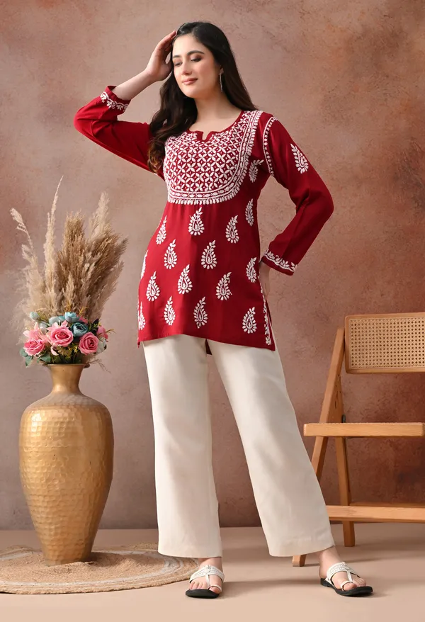 Maroon_Hand-Embroidered_Chikankari_Rayon_Short_Kurta