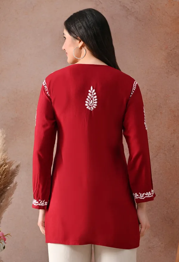 Maroon_Hand-Embroidered_Chikankari_Rayon_Short_Kurta